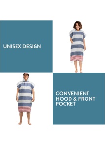 Poncho prosop JEMIDI unisex, S/M, bumbac, albastru/rosu, cu gluga si buzunar - Img 4