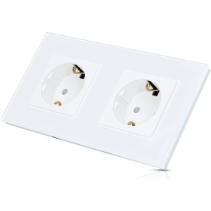 Priza dubla Schuko Navaris, rama din sticla, 250V, 16A, montaj incastrat, design elegant, 15.5 x 8.5 cm, 4000W, Alb - Img 3