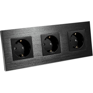 Priza tripla Navaris, incastrabila, cu rama din aluminiu, 22.8 x 8.5 cm, design elegant, 4000W, Negru - Img 5