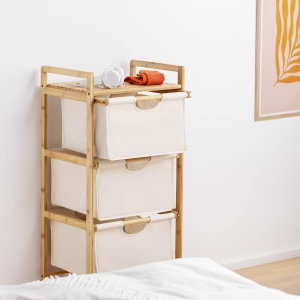 Raft pentru baie Navaris, 96 x 44 x 33 cm, organizator cu 3 sertare din material textil, cadru din bambus si raft superior, Bej - Img 6