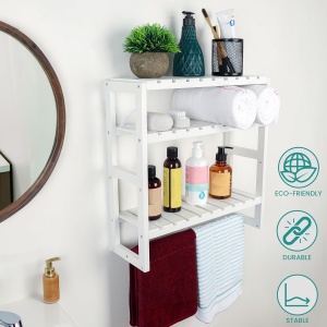 Raft suspendat pentru baie Belle Vous, 3 niveluri, 42 x 15 x 43 cm, din bambus, multifunctional, cu suport pentru prosoape, Alb - Img 6