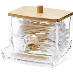 Recipient pentru betisoare de urechi Navaris, cu capac din bambus, transparent/maro, 9.3x8.7x5.3cm - Img 2