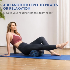 Rola cilindru pentru masaj Everest Fitness, din spuma EPP, pentru yoga, pilates, fitness, relaxare musculara, 60 x 15 cm, genta depozitare, ghid exercitii, Negru/Albastru - Img 3