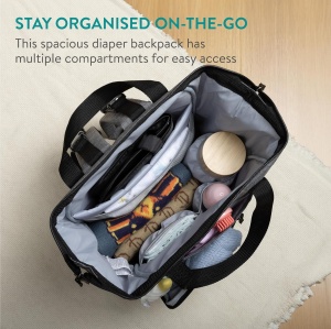 Rucsac Multifunctional Navaris, pentru Scutece, cu Pad pentru Schimbat, Prindere Carucior, 40 x 27 x 15 cm, Gri/Negru - Img 5