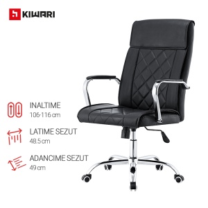 Scaun Birou Kiwari® Elm, Spatar Inalt, Sezut din Piele PU, Reglabil pe Inaltime, Baza Metal Rotativa, Design Executiv cu Cusaturi Decorative, Capacitate 120 kg, Negru - Img 4