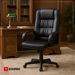 Scaun Birou Kiwari® Hab, Spatar Inalt, Sezut din Piele PU, Reglabil pe Inaltime, Baza cu Roti pentru Mobilitate, Design Executiv Confort Extra, Capacitate 120 kg, Negru - Img 5