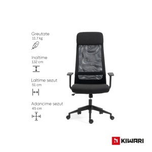 Scaun birou Kiwari Nur, cadru metalic, suport lombar, brate fixe, mecanism fluture, lift gaz si roti nylon, suprafata textil/plasa, Negru - Img 3