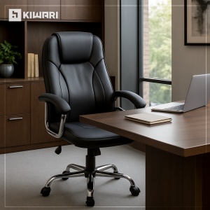 Scaun de birou ergonomic Kiwari® Ako, spatar inalt, mecanism inclinabil cu reglaj pe gaz, brate ergonomice fixe din PP, baza cromata, roti nylon silentioase / rotatie 360°, tapiterie PU+PVC, suporta 136 kg, Negru - Img 7