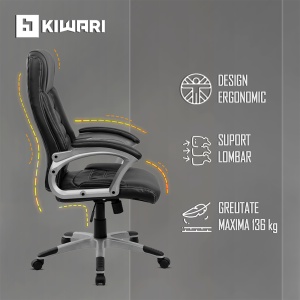 Scaun de birou ergonomic Kiwari® Eliot, spatar inalt, mecanism inclinabil cu reglaj pe gaz, rotatie 360°, brate late PP ergonomice, baza cromata stabila, roti nylon silentioase, tapiterie PU+PVC neteda, suporta 136 kg, Negru - Img 5