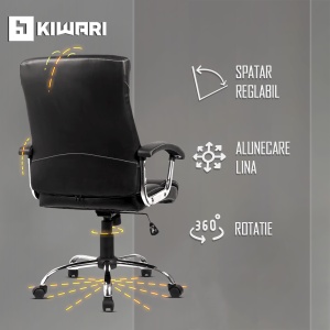 Scaun ergonomic Kiwari® Rei, spatar inalt, mecanism inclinabil cu piston pe gaz, ajustabil pe inaltime, rotatie 360°, brate fixe ergonomice PP, baza cromata, roti nylon silentioase, tapiterie PU+PVC, suporta 130 kg, Negru - Img 6