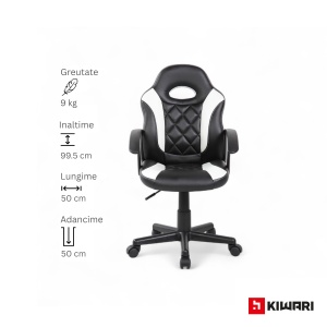 Scaun gaming Kiwari Klaus, material PU+PVC, cadru lemn, brate fixe, mecanism sus-jos, lift gaz, baza nylon, roti silentioase, spatar ergonomic, sezut confortabil, inaltime reglabila, Negru/Alb - Img 3
