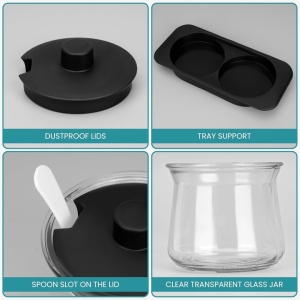 Set 2 borcane, Belle Vous, 300 ml, din sticla, lingurite, capace, tava suport, Negru/Transparent - Img 4