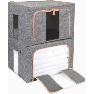 Set 2 cutii organizatoare dulap Belle Vous, 66 l, pliabile, cadru metalic, 50 x 40 x 33 cm, din material textil, fereastra transparenta si fermoar, Gri