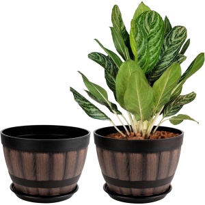 Set 2 ghivece pentru flori Belle Vous, 22.5 x 16.3 cm, 5L, Cu tava suport, Interior/Exterior, Plastic, Maro/Negru