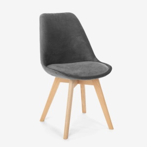 Set 2 scaune Dolphin Lux in stil scandinav, AHD, din lemn si catifea, cu perna, pentru bucatarie, bar si restaurant, Gri