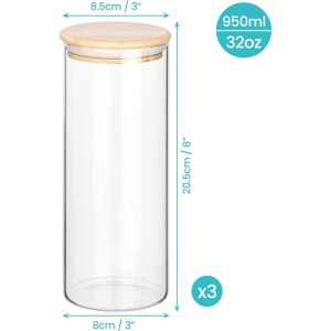 Set 3 borcane depozitare Belle Vous, din sticla borosilicata, cu capac din bambus etans, ideale pentru alimente, condimente, zahar, cafea, 950 ml, 8.5 x 20.5 cm, Transparent - Img 5