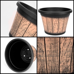 Set 3 ghivece pentru flori Belle Vous, 23 x 16 cm, design rustic tip butoi, 8.5 L, plastic, cu orificii de drenaj si tava, pentru interior/exterior, Maro/Negru - Img 4