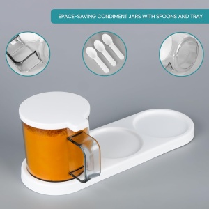 Set 3 recipiente condimente Belle Vous, 400 ml, capace tip flip, maner si lingurite, tavita, pentru sare, piper, zahar si condimente, Transparent/Alb - Img 2