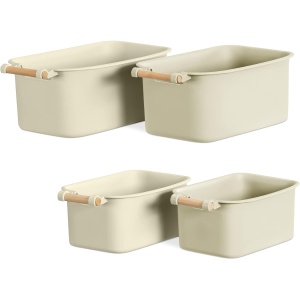 Set 4 cutii organizare Navaris, plastic, maner lemn, 2 marimi, cutii depozitare pentru baie, bucatarie, dulap, Crem