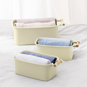 Set 4 cutii organizare Navaris, plastic, maner lemn, 2 marimi, cutii depozitare pentru baie, bucatarie, dulap, Crem - Img 4