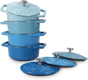Set 4 Mini Oale din fonta Navaris, 10.5 cm, 290 ml, pentru cuptor si plita, albastru, 49079.04.02