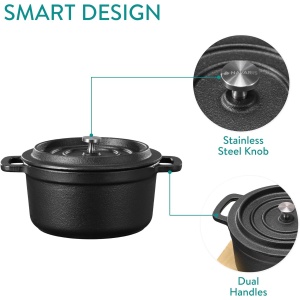 Set 4 mini oale din fonta Navaris, 14 cm, cu capac, suport din lemn, compatibile inductie/cuptor/gratar, rezistente la temperaturi ridicate, Negru - Img 10