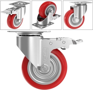 Set 4 roti pivotante GBL, 125 mm, sarcina maxima de incarcare 800 Kg, rotatie 360°, poliuretan, cu sistem de franare, Rosu/Argintiu - Img 5