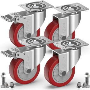 Set 4 roti universale GBL, pentru transport, 100mm, pivotante 360°, sarcina maxima de incarcare 600 Kg, cu 2 frane, poliuretan, Rosu