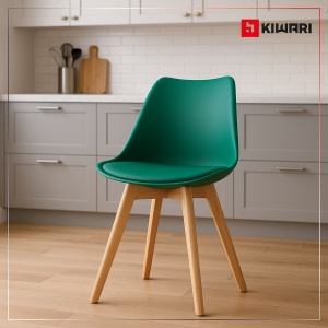 Set 4 Scaune Living/Bucatarie/Bar Kiwari® Riv, Sezut PP cu Pernuta PU, Picioare Lemn Fag, Inaltime Sezut 48 cm, Design Modern, Capacitate 120 kg, Verde - Img 9