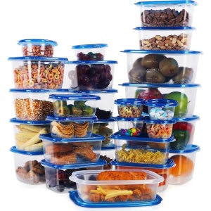 Set 51 caserole alimentare, FRESHLY CONTAINED, cu capace etanse, reutilizabile, diverse dimensiuni, din plastic, fara BPA, lavabile in masina de spalat vase, potrivite pentru cuptorul cu microunde si congelator, Albastru/Transparent