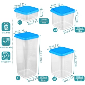 Set 6 recipiente alimentare, Belle Vous, din plastic fara BPA, 300 ml-1800 ml, capace etanse, potrivit pentru congelator/microunde/masina de spalat vase, Transparent - Img 2