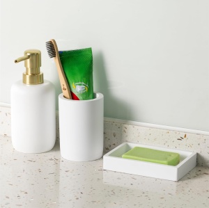 Set accesorii baie Navaris, 3 piese, dispenser sapun lichid 305 ml, suport periute dinti si sapuniera, din polirasina, Alb - Img 6