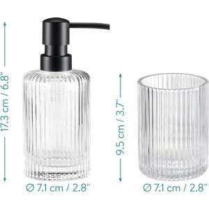 Set accesorii baie Navaris, 4 piese, dispenser sapun lichid, suport periute dinti, sapuniera, recipient depozitare, din sticla, design modern, Transparent - Img 2