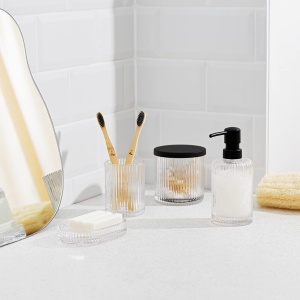 Set accesorii baie Navaris, 4 piese, dispenser sapun lichid, suport periute dinti, sapuniera, recipient depozitare, din sticla, design modern, Transparent - Img 5