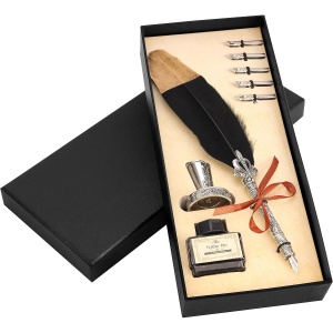 Set caligrafie Belle Vous, pana retro tip pana de gasca, design elegant, cerneala neagra 15 ml, 5 penite, suport si cutie cadou, Negru/Maro