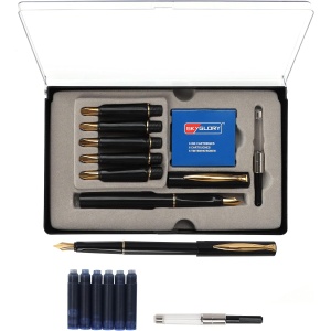 Set caligrafie Kurtzy 14 piese, stilou cu 6 penite inox, 6 cartuse cerneala albastra si adaptor cerneala, cutie cadou