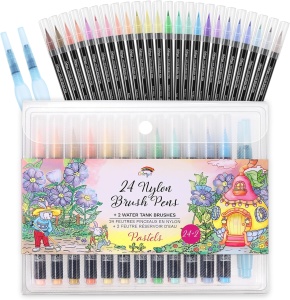 Set carioci Profesionale, Colorya, pentru pictura, caligrafie, cerneala pe baza de apa, 24 carioci cu varf flexibil, 2 pensule cu rezervor pentru apa, Multicolor