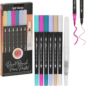 Set carioci profesionale pastel Intrend, 6 bucati, capete duble, pensula cu rezervor de apa, pentru caligrafie si desen, Multicolor