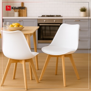 Set de 4 Scaune Kiwari® Kit, Sezut cu Pernuta PU, Picioare Lemn Fag, Design Modern Dining/Living, Inaltime Sezut 48 cm, Capacitate 120 kg, Alb - Img 3