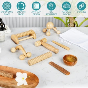 Set de masaj Belle Vous, 6 piese, Anticelulitic, Relaxarea muschilor, Modelarea corpului, Sac de bumbac, Lemn - Img 2