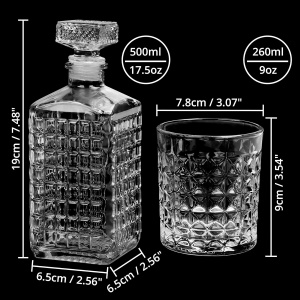 Set decantor si pahare Whisky Belle Vous, 5 piese, decantor 500 ml, 4 pahare 260 ml, sticla gravata model diamant, dop etans, Transparent - Img 4