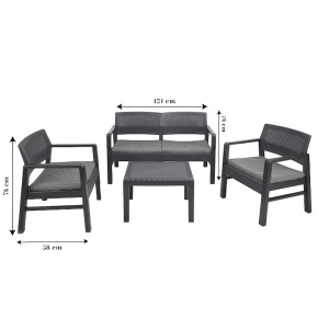 Set gradina/terasa, Progarden, KILIMANJARO, 4 piese, polipropilena, antracit, canapea 2 locuri 121x58x74 cm, 2 scaune 63x58x74 cm, masa 59x46x40 cm, perne incluse - Img 3