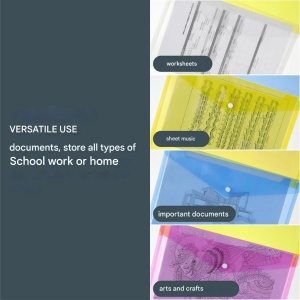 Set mapa documente plic H&S, 30 buc, format A4, din plastic, 33.5 x 23.5 cm, inchidere cu capsa, reutilizabile, Multicolor - Img 3