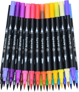 Set markere cu varf dublu, 0.4 mm si 1-2 mm, cu acuarela, 25 culori diferite, pentru scris, desen, mandala, colorat