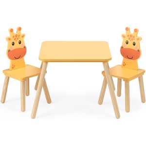 Set masa cu 2 scaune pentru copii Navaris, din lemn de pin si MDF, model girafa, 50 x 50 x 38 cm, pentru joaca, desen sau luat masa, Portocaliu - Img 3