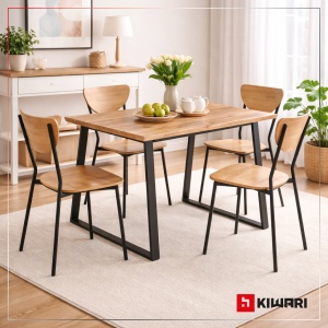 Set Masa cu 4 Scaune Kiwari® Oka, MDF si Metal, 110×70×75 cm, scaun 44x45x82 cm Design Modern, Stejar Natural & Negru - Img 5