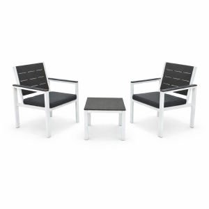 Set Mobilier Gradina Kiwari®, Masa 52x48x39 cm + 2 Scaune 62.5x64x78 cm, Plastic cu Cadru Metalic, Perne Incluse, Gri/Alb