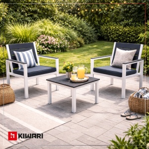 Set Mobilier Gradina Kiwari®, Masa 52x48x39 cm + 2 Scaune 62.5x64x78 cm, Plastic cu Cadru Metalic, Perne Incluse, Gri/Alb - Img 8