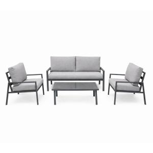 Set Mobilier Gradina Marbella Kiwari® 4 locuri, masa 90 x 50 x 40 cm, fotolii 70 x 73 x 75 cm canapea 130 x 73 x 75 cm, cadru metal, sticla 5 mm, perne detasabile 11 cm, Gri