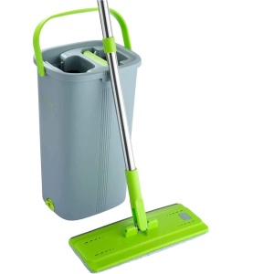 Set mop si galeata, EasyGleam, mop plat cu maner din otel inoxidabil, galeata inovatoare cu doua camere pentru utilizare umeda si uscata, 1 Rezerva